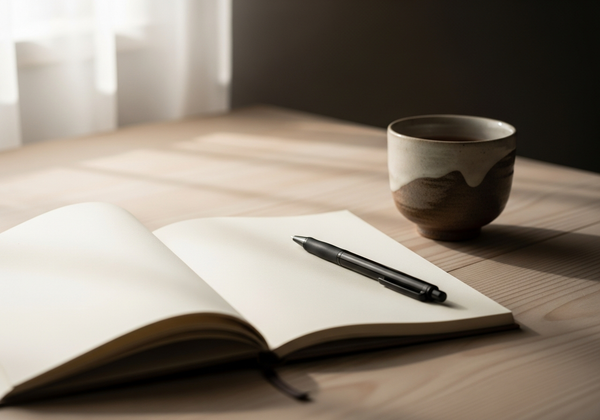 Blank notebook and tea cup on a wooden desk, soft window light